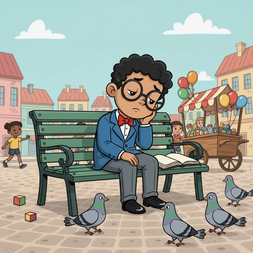 Feeling a little deflated, Reggie sat on a park bench, his rulebook lying open but unread beside him. The town square was still a lively mess, despite all his efforts. He sighed, realizing his book of rules wasn't quite solving the problem the way he'd hoped.