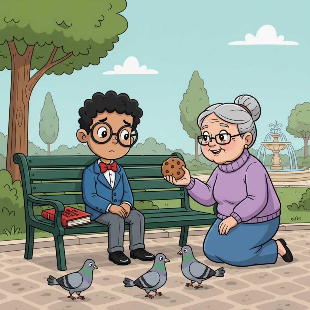 Just then, Granny Goodheart, a wise old woman with twinkling eyes, sat beside him. She offered Reggie a homemade cookie and a gentle smile. 'Sometimes, Reggie,' she said softly, 'a little help from the heart and a big smile work better than a big book.'