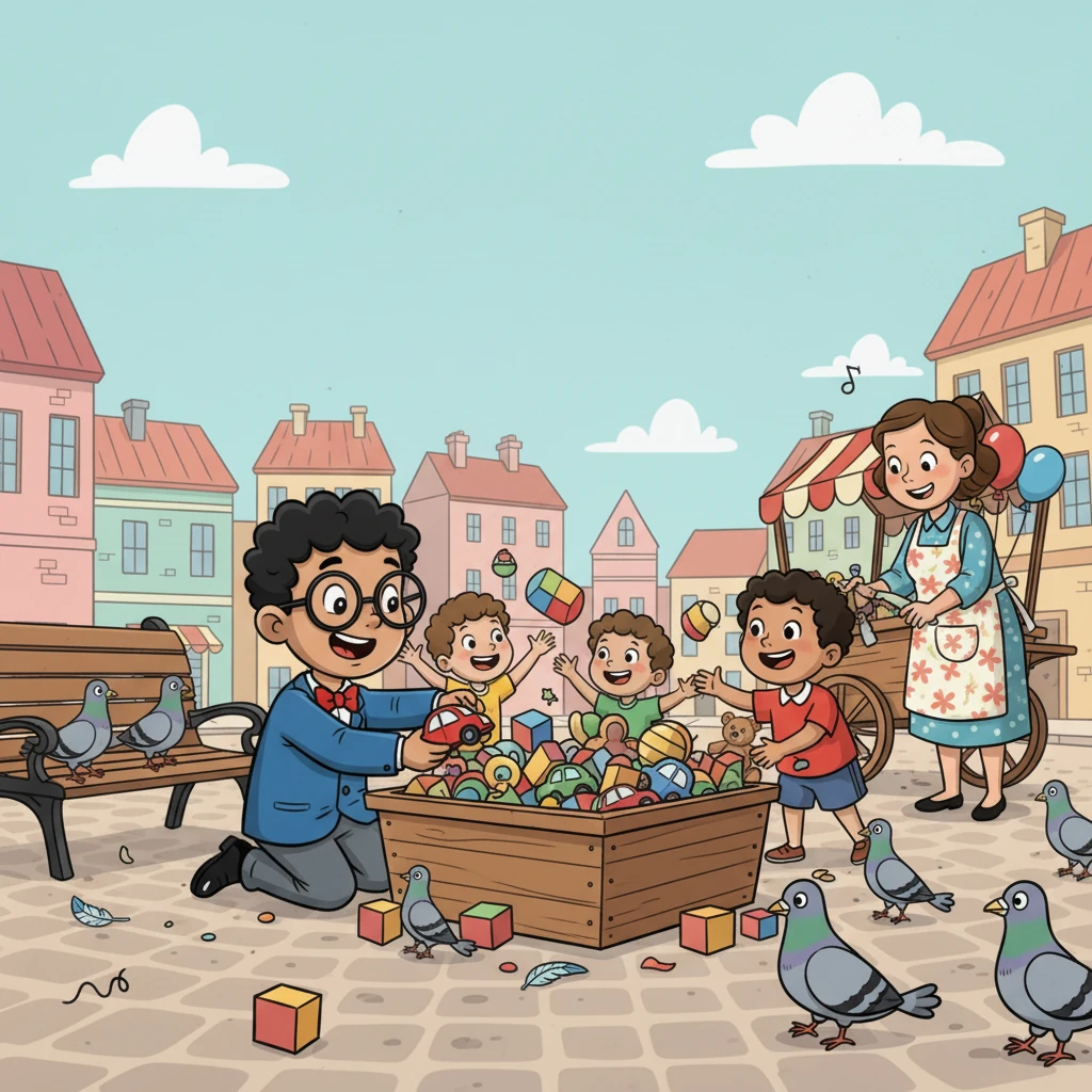 Seeing Reggie's change of heart, the children, who loved Granny Goodheart, started to help too, playfully putting their toys back in the bin. Mrs. Bloom tidied her cart with a cheerful hum. Even the pigeons seemed to settle down, observing the collaborative effort with soft coos.