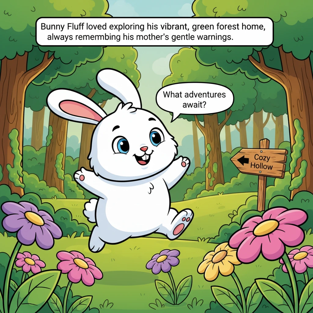Bunny Fluff, a fluffy white bunny, loved exploring his vibrant, green forest home. With big, curious eyes and bouncy ears, he often hopped through flo
