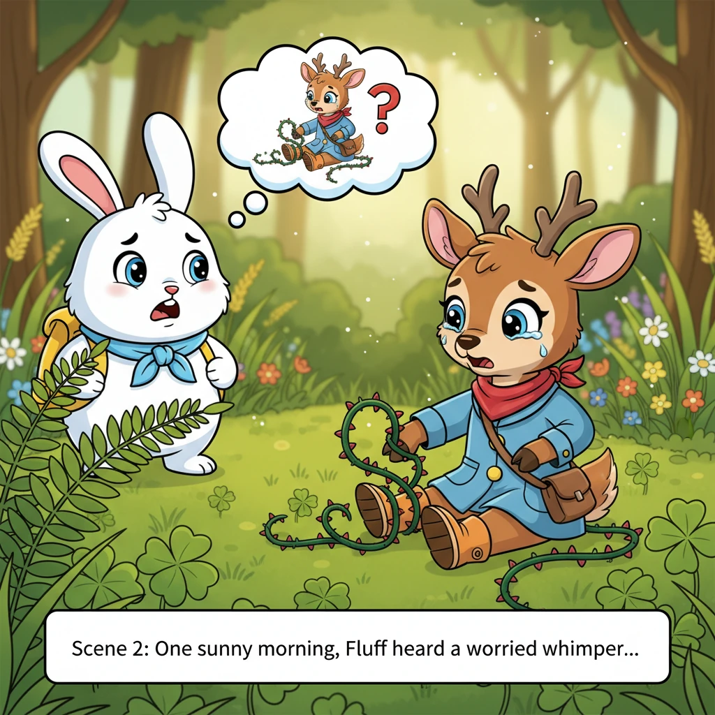 One sunny morning, while searching for the juiciest clover, Fluff heard a worried whimper. Peeking through some tall ferns, he saw his dear friend, Ri