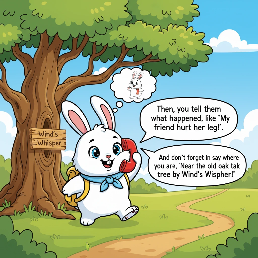 Fluff continued, demonstrating how to speak clearly into the toy phone. "Then, you tell them what happened, like 'My friend Rita hurt her leg!' And do