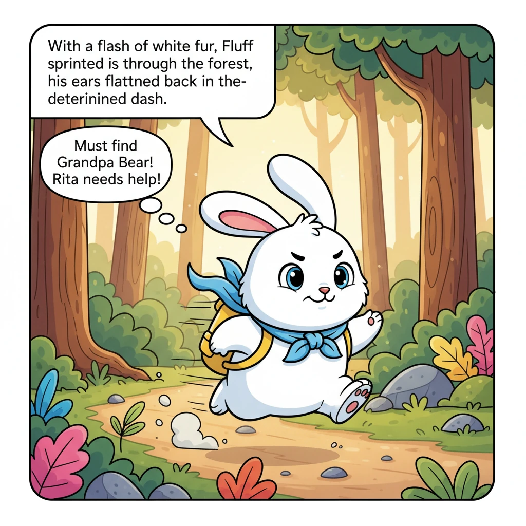 With a flash of white fur, Fluff sprinted through the forest, his ears flattened back in a determined dash. He was on his way to find Grandpa Bear, th