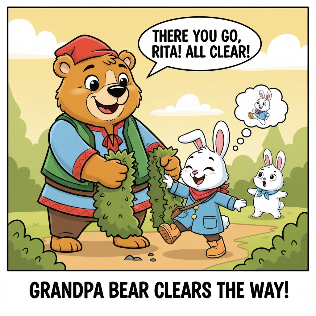 Just a few minutes later, the ground rumbled as kind Grandpa Bear, with his big, friendly smile, arrived at the scene. With one mighty, gentle pull, h