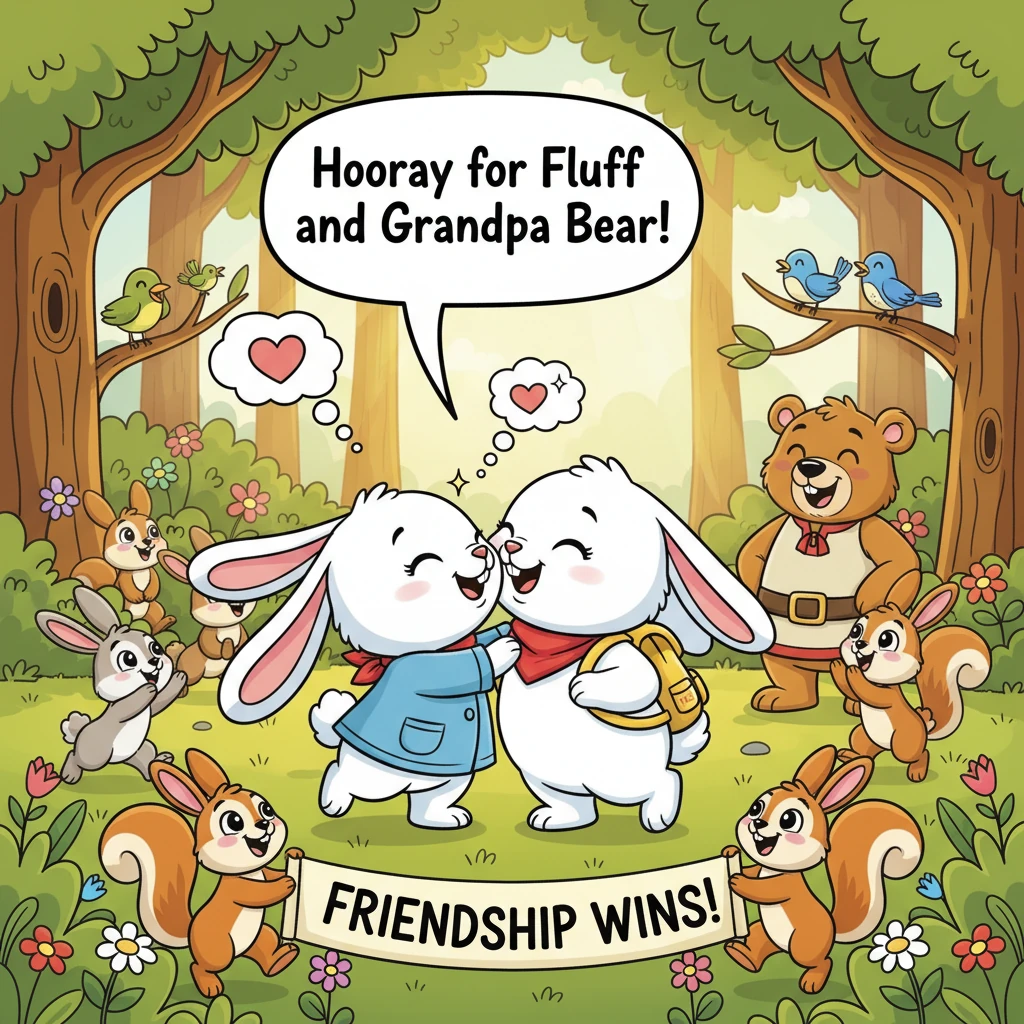 Rita, now completely free and safe, nuzzled Fluff gratefully. All their forest friends, who had gathered, cheered for Fluff and Grandpa Bear. The air