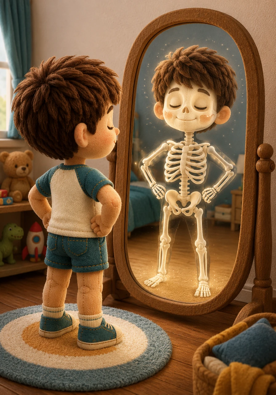 Devant le grand miroir de sa chambre, Léo ferme les yeux et imagine sa silhouette se transformer. Il aperçoit en pensée son squelette, une charpente blanche et solide qui soutient tout son corps comme la structure d'une maison.