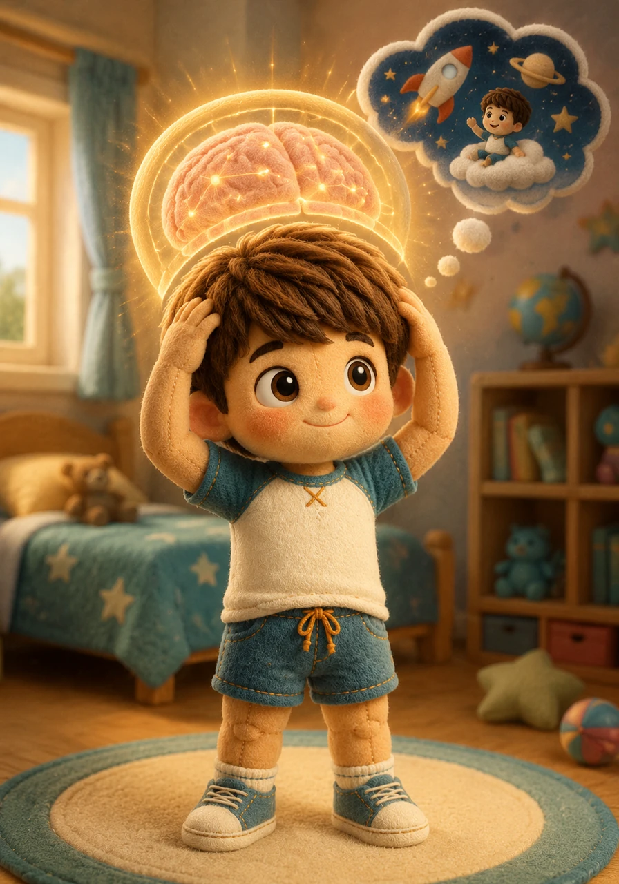 Il pose ses petites mains sur sa tête et sent la rondeur et la dureté de son crâne sous ses cheveux. Il comprend que c'est un casque naturel très précieux qui protège son cerveau, le centre de toutes ses pensées et de ses rêves.
