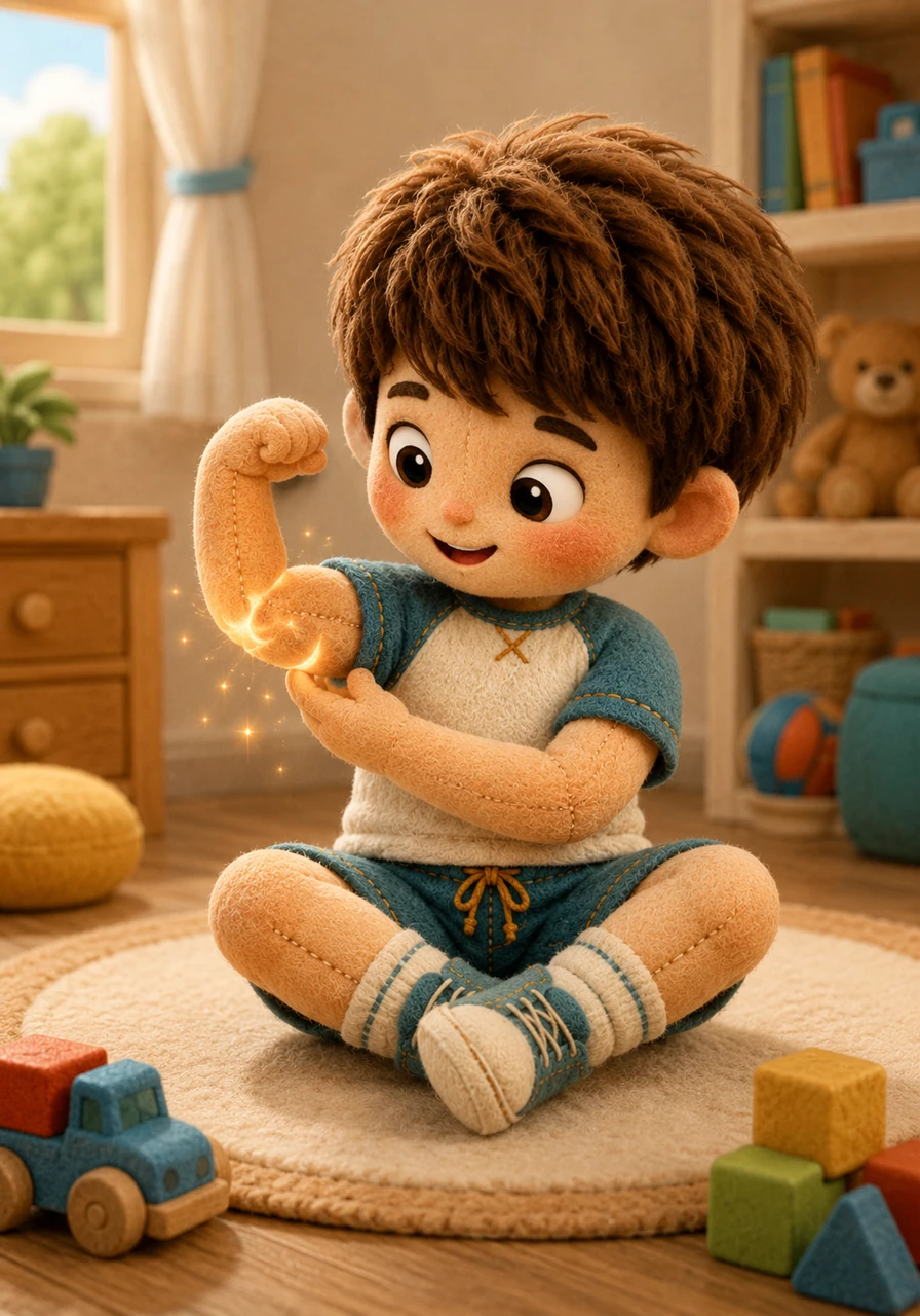 Léo s'amuse à plier et déplier son coude avec une grande curiosité en observant le mouvement de son bras. Il découvre ses articulations, ces charnières magiques qui lui permettent de bouger avec souplesse sans être raide comme un piquet.