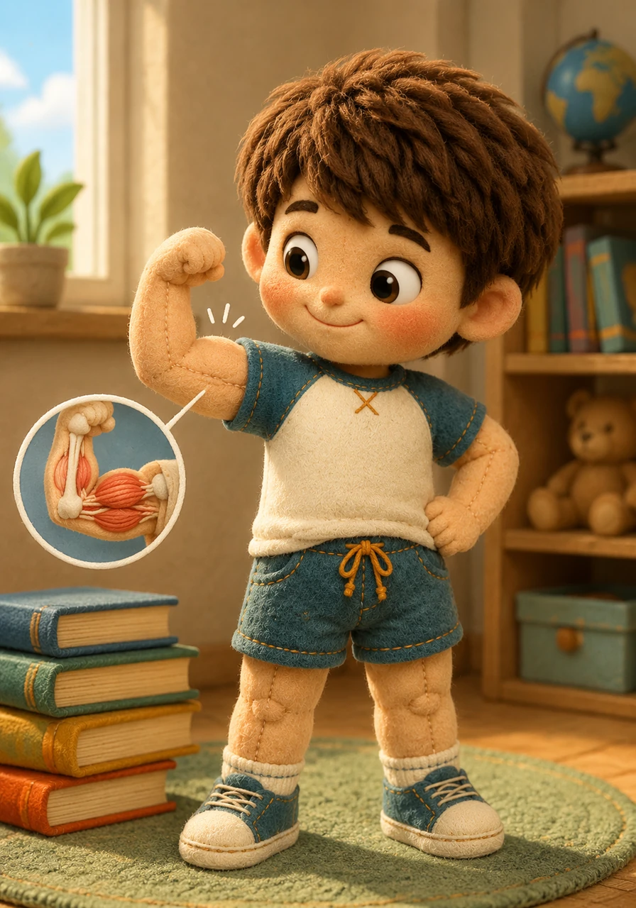 Pour tester sa force, Léo contracte son bras droit et voit avec fierté une petite bosse ferme apparaître. Ce sont ses muscles, des cordes élastiques et puissantes qui tirent sur ses os pour lui permettre de soulever ses livres préférés.