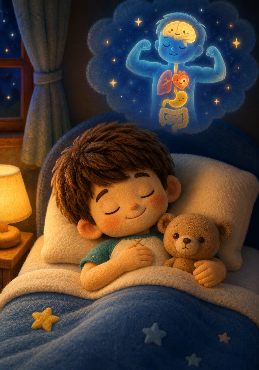 Rassuré et émerveillé par ses découvertes, Léo se glisse avec bonheur sous sa couette douillette. Il s'endort paisiblement en remerciant son corps fantastique qui continue de veiller sur lui, même quand il voyage au pays des rêves.