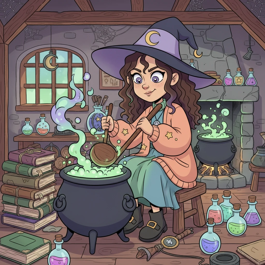 Winnifred Wisp, a young witch with a fiery spirit and a pointy hat, sat in her wonderfully cluttered cottage. Surrounded by dusty spellbooks and bubbling cauldrons, she grumbled, convinced her life had been utterly ruined by everyone she knew. A mischievous glint sparkled in her big, expressive eyes as she stirred a potion that shimmered with wicked intent.