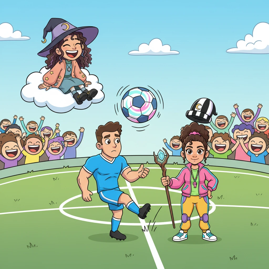 First on her list were the famous sports stars. Winnifred watched from a cloud as a football match turned comical. A star player tried to kick the ball, but it bounced away with a mind of its own, doing a silly jig before wiggling right into the referee's hat! The crowd roared with laughter, much to Winnifred's delighted cackle.