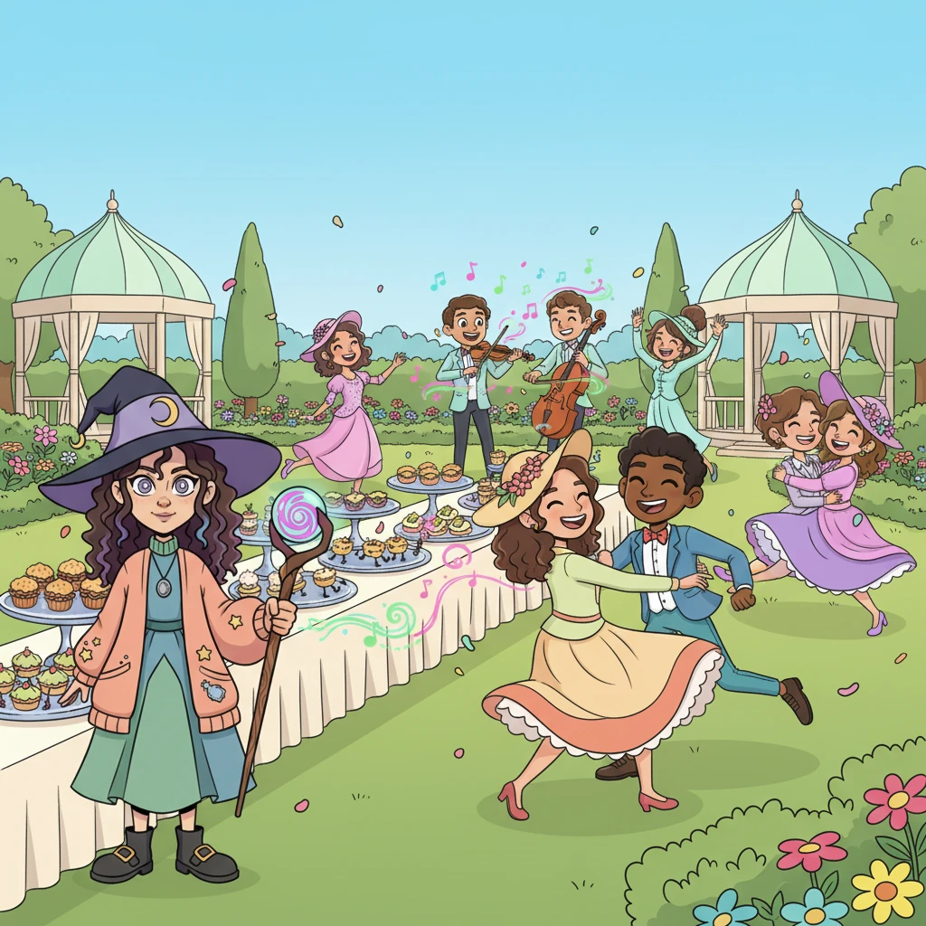 Next, her former friends were enjoying a fancy garden party. Winnifred whispered a spell, and suddenly, the elegant hors d'oeuvres started tap-dancing across the platters, and the string quartet's music transformed into a lively polka. Guests burst into giggles, twirling wildly as the party became an unforgettable, joyful spectacle.
