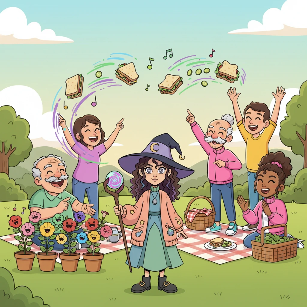 Then came the big family picnic, brimming with relatives. Winnifred's magic made everyone's sandwiches swap fillings in mid-bite, and Uncle Bartholomew's prize-winning petunias suddenly sprouted tiny, singing faces. Chaos ensued, but it was the kind of chaos that brought out peals of laughter and unexpected family bonding.