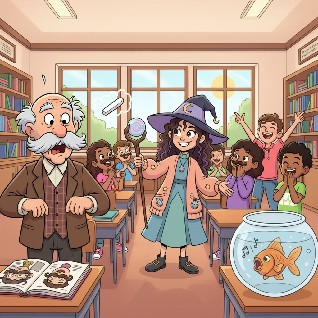 Finally, it was her old teacher, Professor Pumble, giving a rather dull lecture. Winnifred conjured a charm, and suddenly, the professor's chalk started drawing silly mustaches on historical figures in the textbooks, and the classroom goldfish began reciting Shakespeare. The students, initially stunned, erupted in delighted cheers.