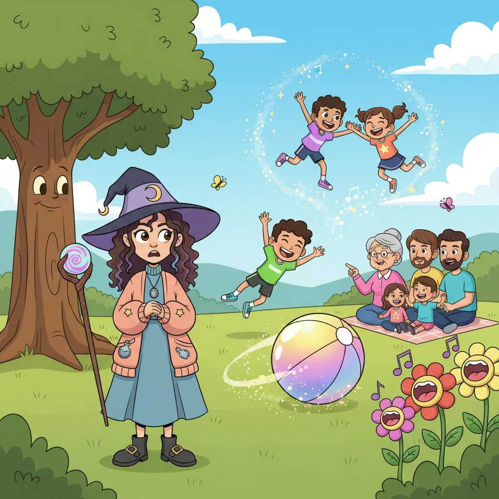 As Winnifred observed her 'victims,' a strange feeling bubbled within her. The sports stars were improving their agility by chasing the tricky ball, her friends were having the time of their lives, and her family was closer than ever, still chuckling about the singing flowers. Her revenge wasn't making anyone miserable; it was making them joyous!