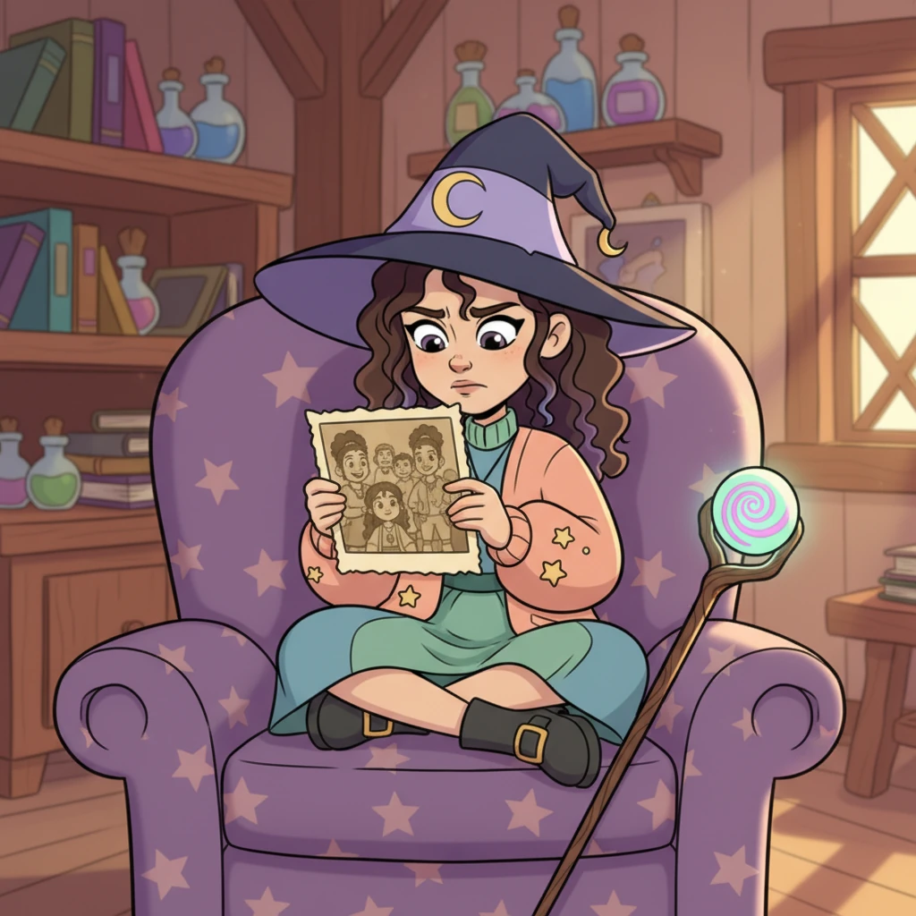 Back in her cottage, Winnifred sat quietly, her mischievous spark dimmed. She looked at an old, faded photograph of herself, surrounded by the very people she'd tried to prank. A thoughtful frown creased her brow; her elaborate plans had backfired in the most delightful, confusing way possible.