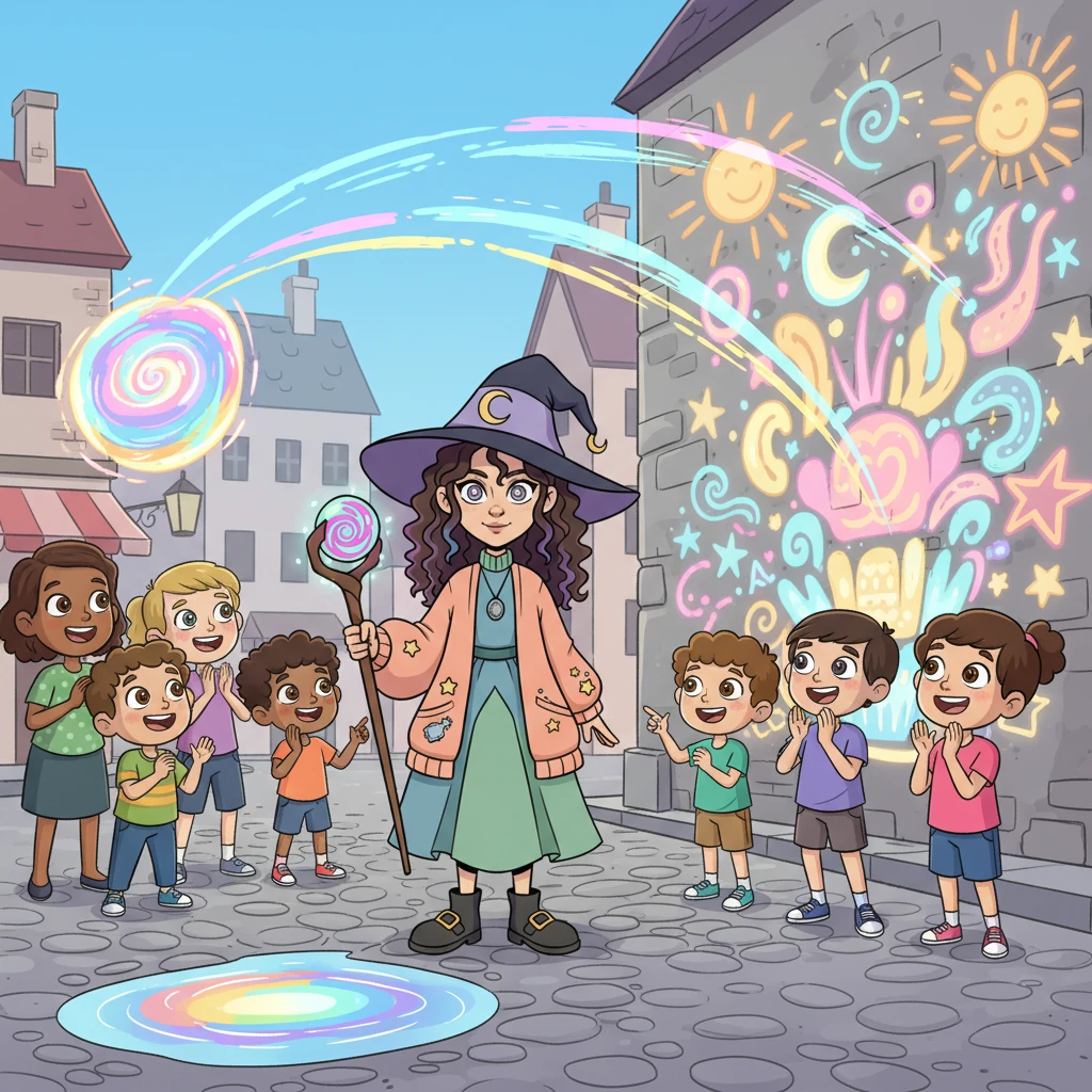 With a sigh, Winnifred decided to try a different kind of magic. She ventured into the town square, casting spells that made colorful street art bloom on dull walls and turned puddles into shimmering, rainbow portals. Children gasped in wonder, and smiles blossomed on every face she passed.