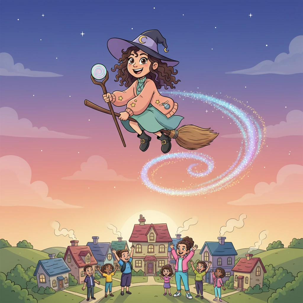 Winnifred, now beaming, realized that making people happy was far more satisfying than any revenge. She flew high above the town on her broomstick, a trail of shimmering stardust behind her, as the people she once resented waved up at her with genuine smiles. Her life wasn't destroyed; it was just beginning, full of mirth and magic.