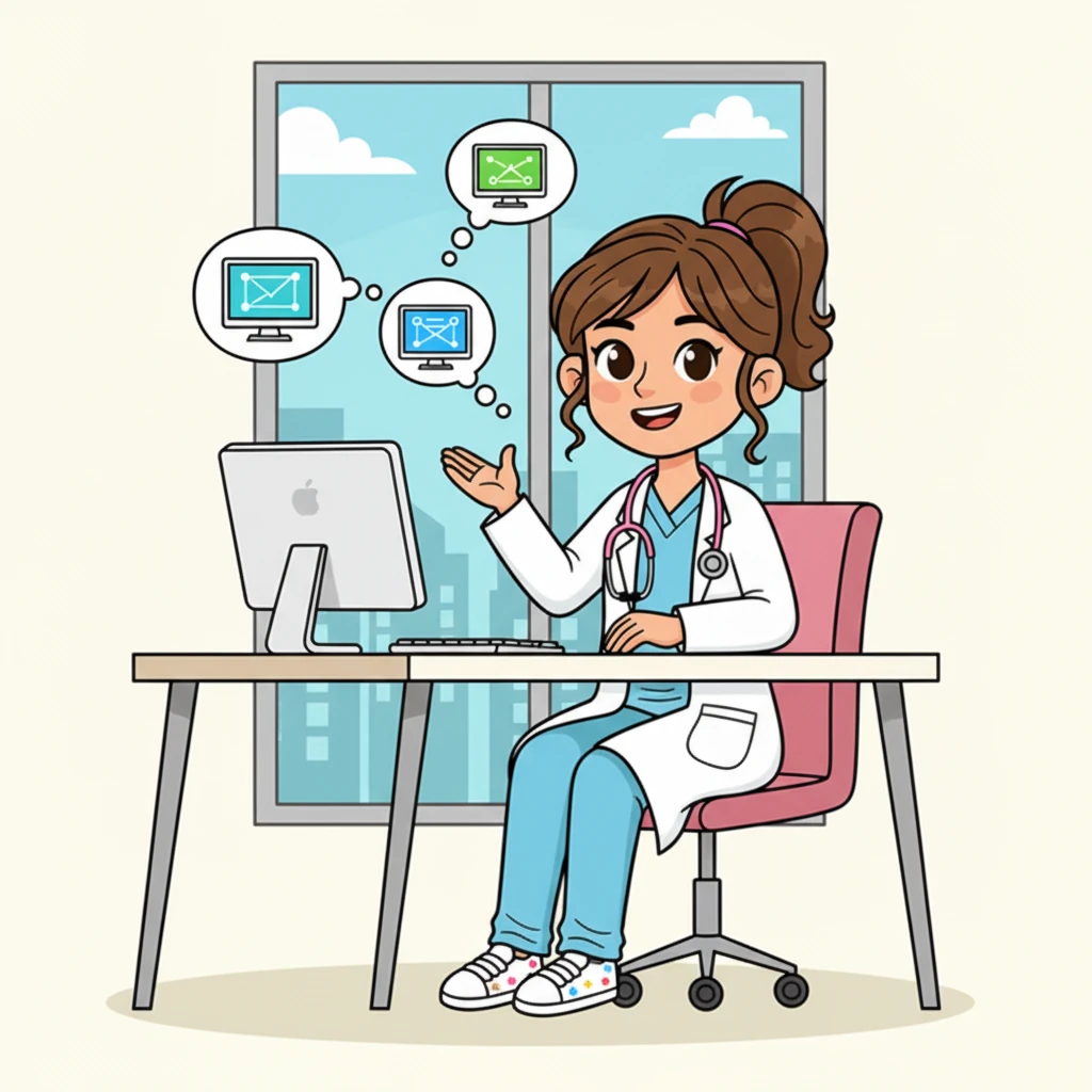 La Dra. Sofía, con una sonrisa amable y su bata blanca, está sentada frente a una computadora brillante, imaginando cómo la tecnología puede ayudar a más personas. Alrededor de ella flotan ideas de pantallas y conexiones, como pequeñas nubes de pensamiento.