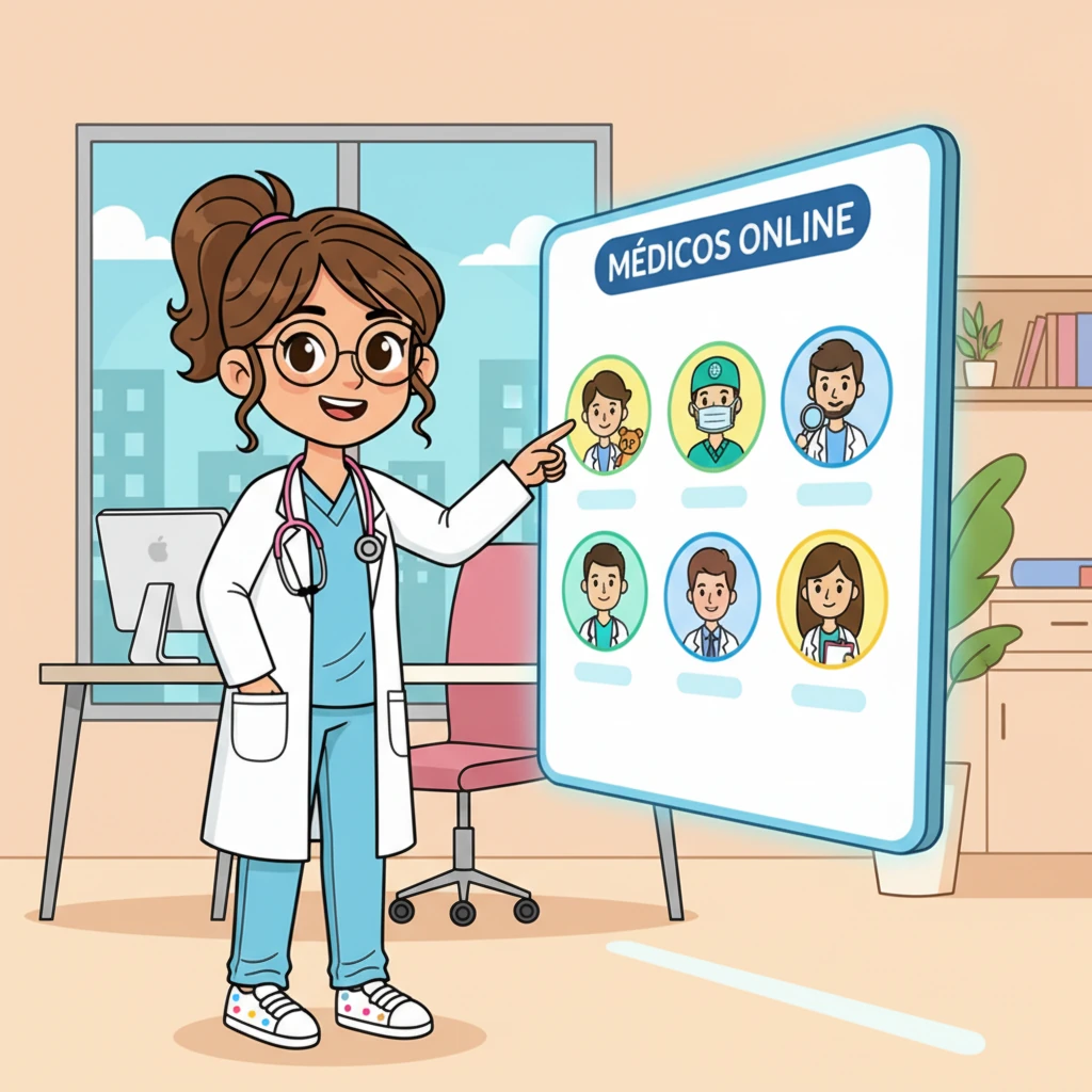 Un grupo de médicos y especialistas, cada uno con su propio estilo y especialidad, se registran en la plataforma 'Médicos Online'. Sus perfiles aparecen en una pantalla grande y colorida, listos para ayudar.