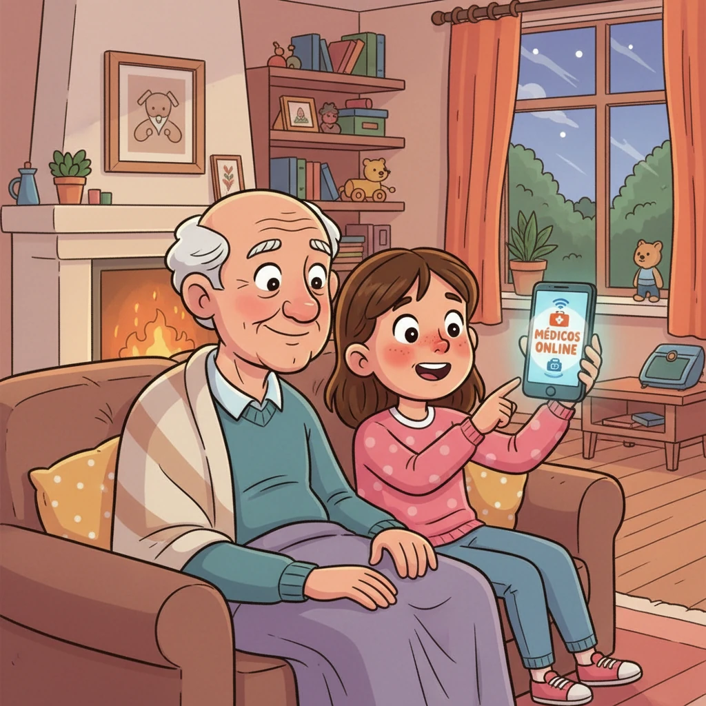 Una familia, con un abuelo que no puede salir de casa y una niña con un resfriado, usa su teléfono inteligente. En la pantalla, ven el logo de 'Médicos Online' brillando, prometiendo ayuda a un toque de distancia.