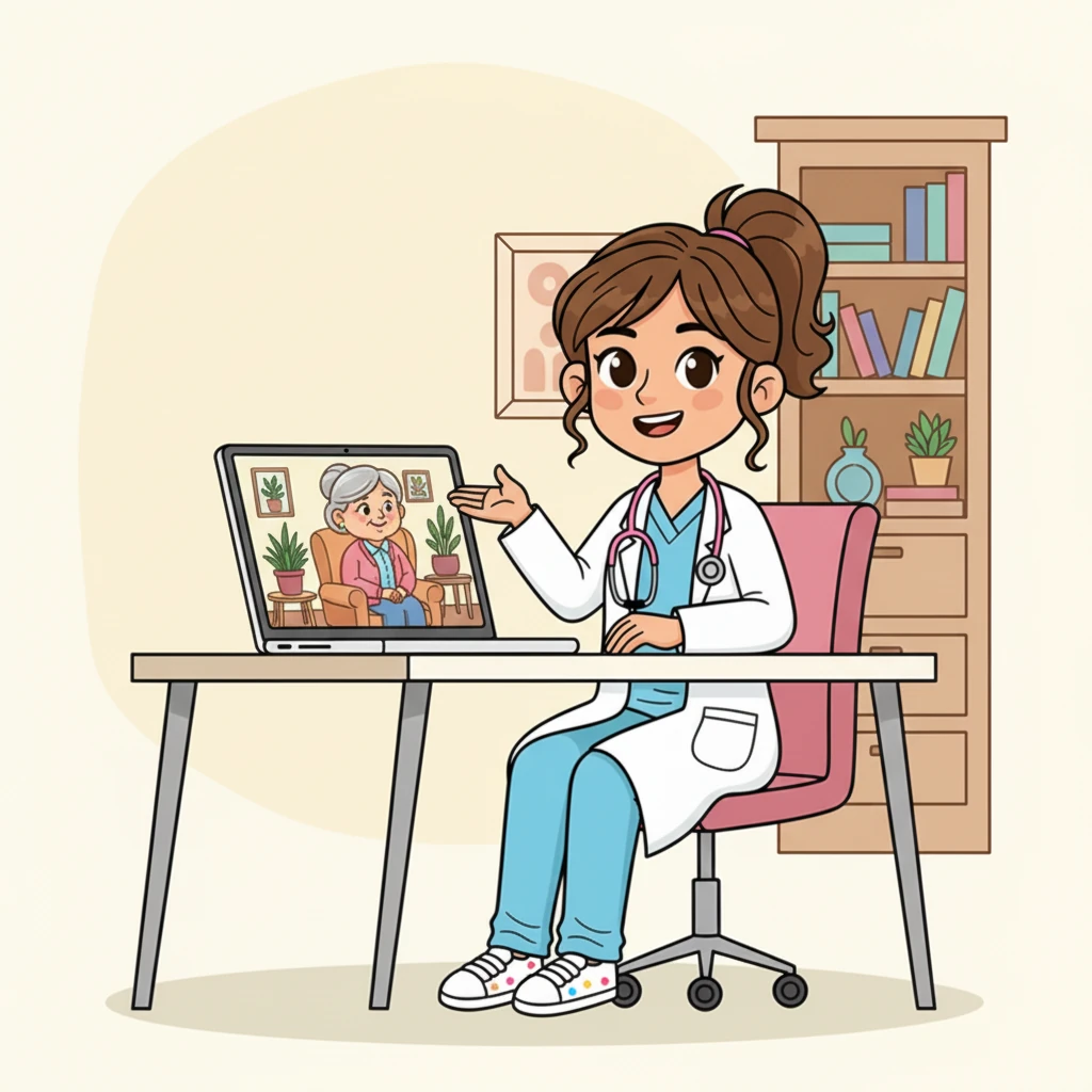 La Dra. Sofía realiza una videoconsulta desde su oficina, hablando con una paciente mayor que está cómodamente sentada en su hogar. Ambas se ven sonrientes y tranquilas a través de la pantalla.