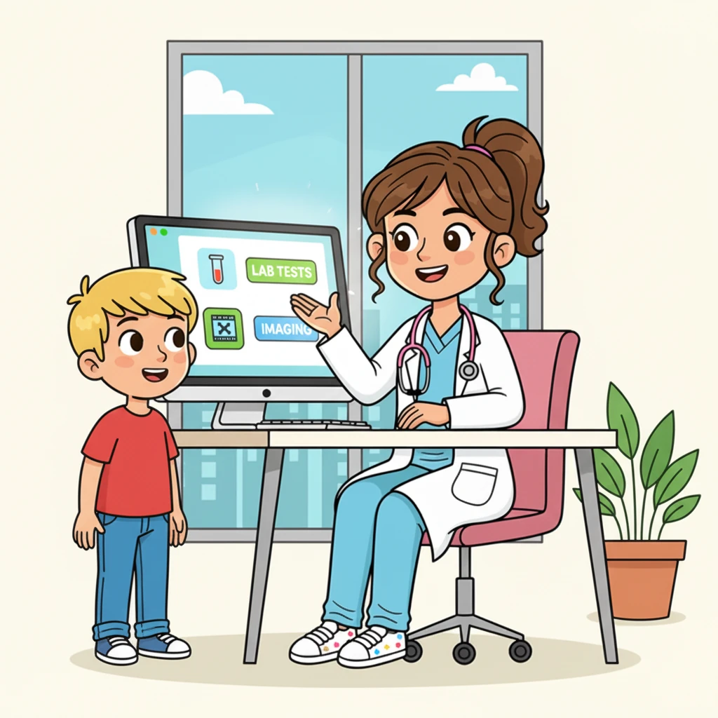 Un módulo de exámenes complementarios se muestra en la pantalla de la Dra. Sofía, donde puede solicitar análisis de laboratorio o imágenes. Los resultados se cargan automáticamente y se enlazan a la historia clínica del paciente.