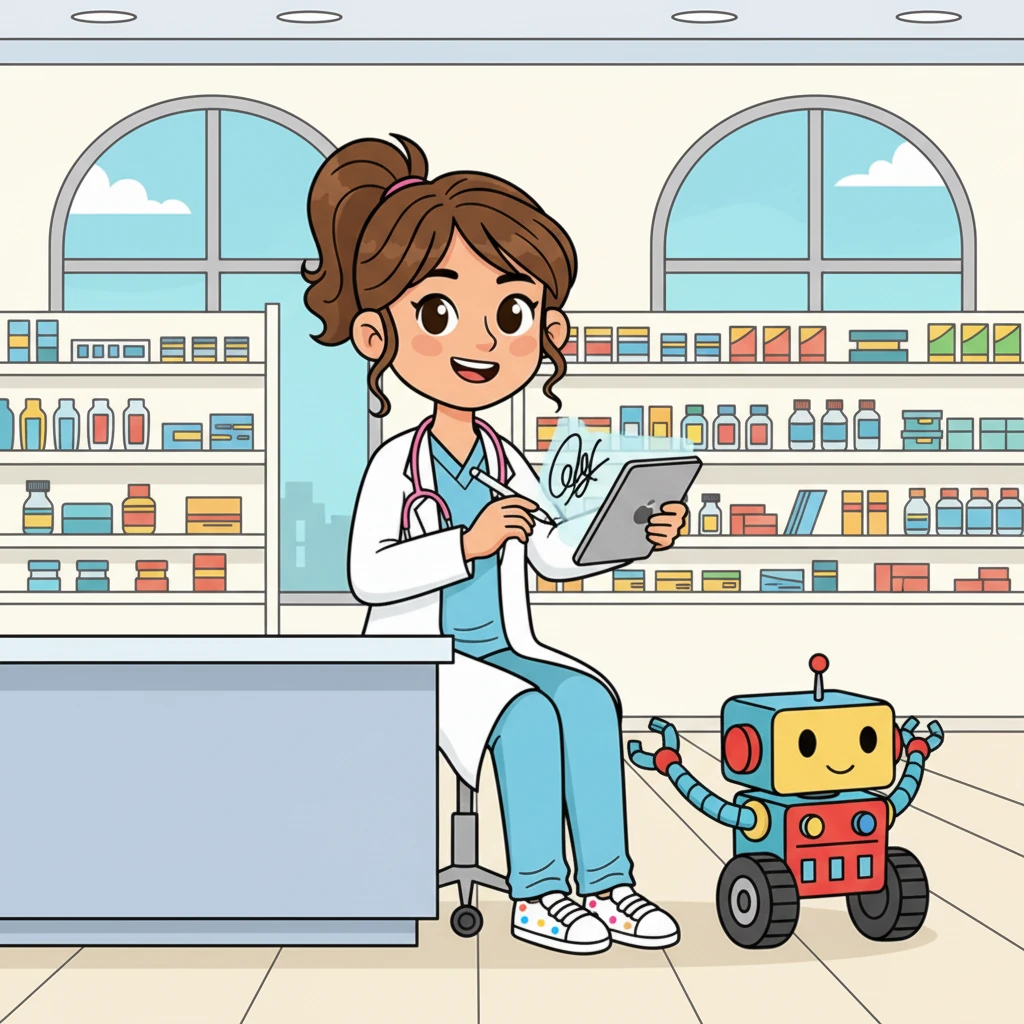 La Dra. Sofía emite una receta electrónica con su firma digital, la cual se envía directamente a una farmacia asociada. Un pequeño robot de farmacia está listo para preparar el medicamento.