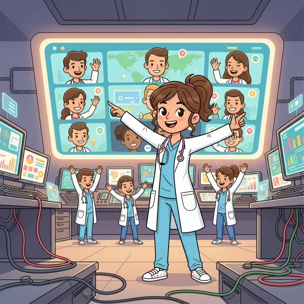 La Dra. Sofía, junto con todos los médicos registrados, celebra el éxito de 'Médicos Online' en un gran centro de control, donde pantallas muestran conexiones de videollamadas de pacientes felices en todo el mundo. El futuro de la salud es brillante y conectado.