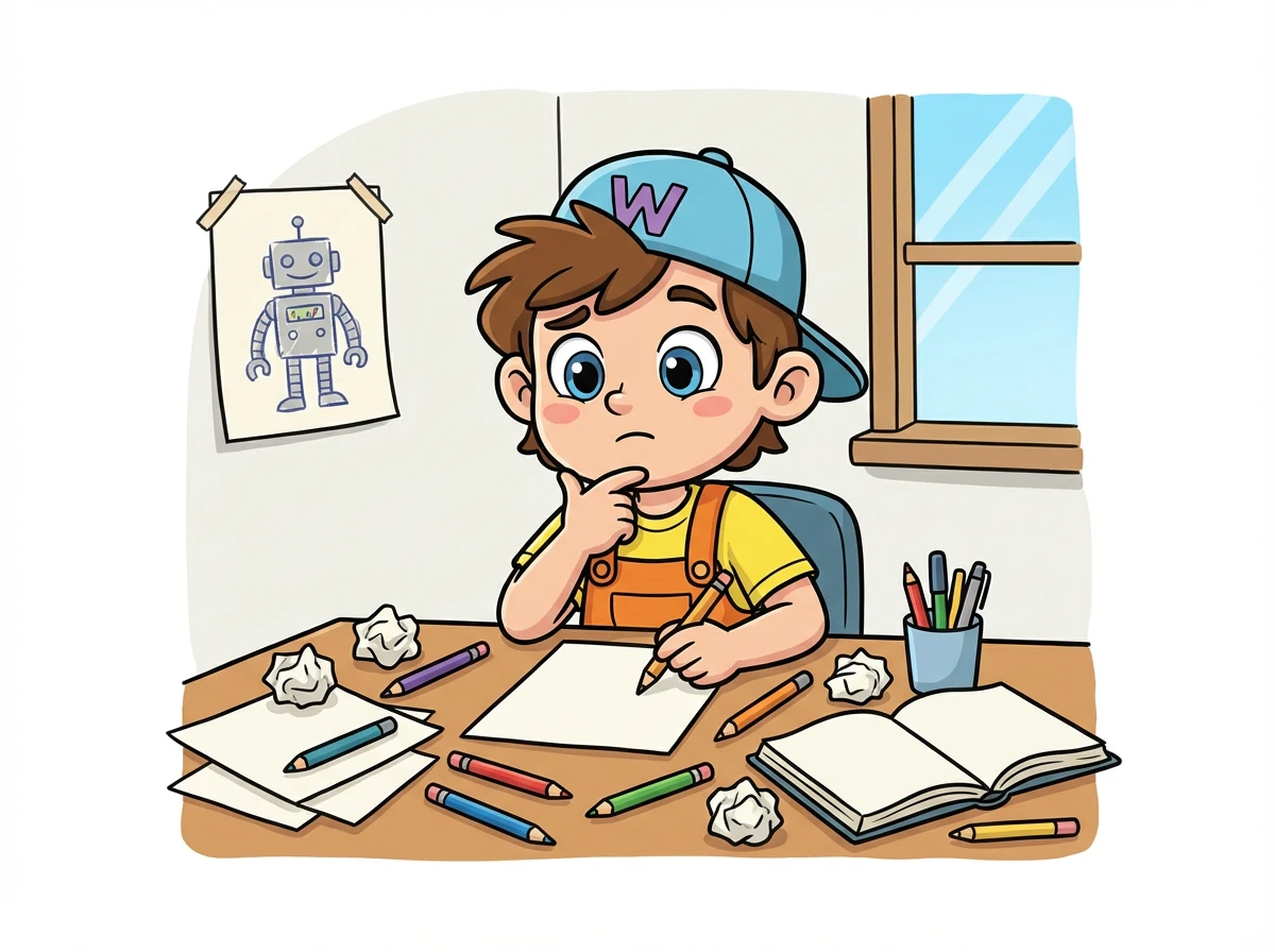 Tim träumt davon, seine eigenen Geschichten und Bilder mit der Welt zu teilen. Er sitzt an seinem Schreibtisch, umgeben von Stiften und Papier, und fragt sich, wie er das anstellen soll.