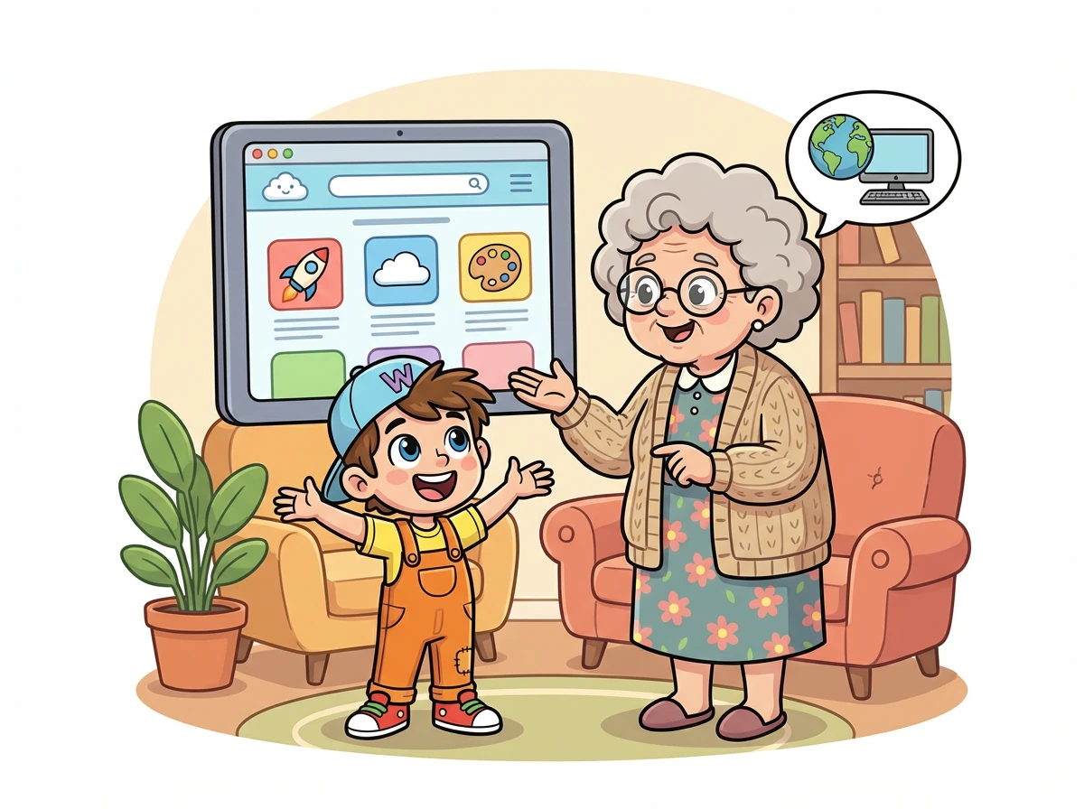 Tims weise Oma schlägt vor, eine eigene Webseite zu erstellen! Sie erklärt ihm, dass er dort alles zeigen kann, was er möchte. Tim ist begeistert von der Idee.