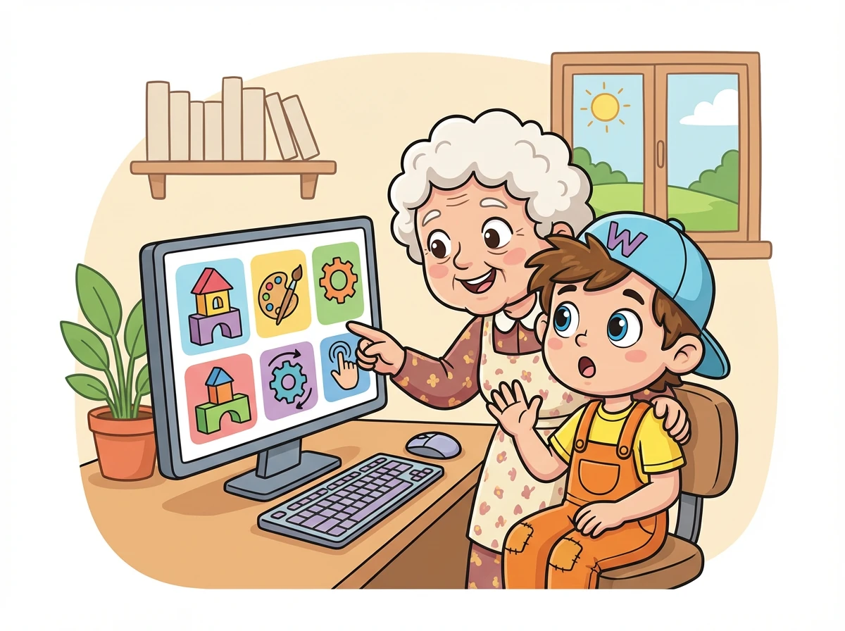 Oma zeigt Tim die Grundlagen: HTML, CSS und ein bisschen JavaScript. Sie erklärt ihm, dass HTML die Struktur der Seite ist, CSS das Aussehen und JavaScript die Interaktionen.