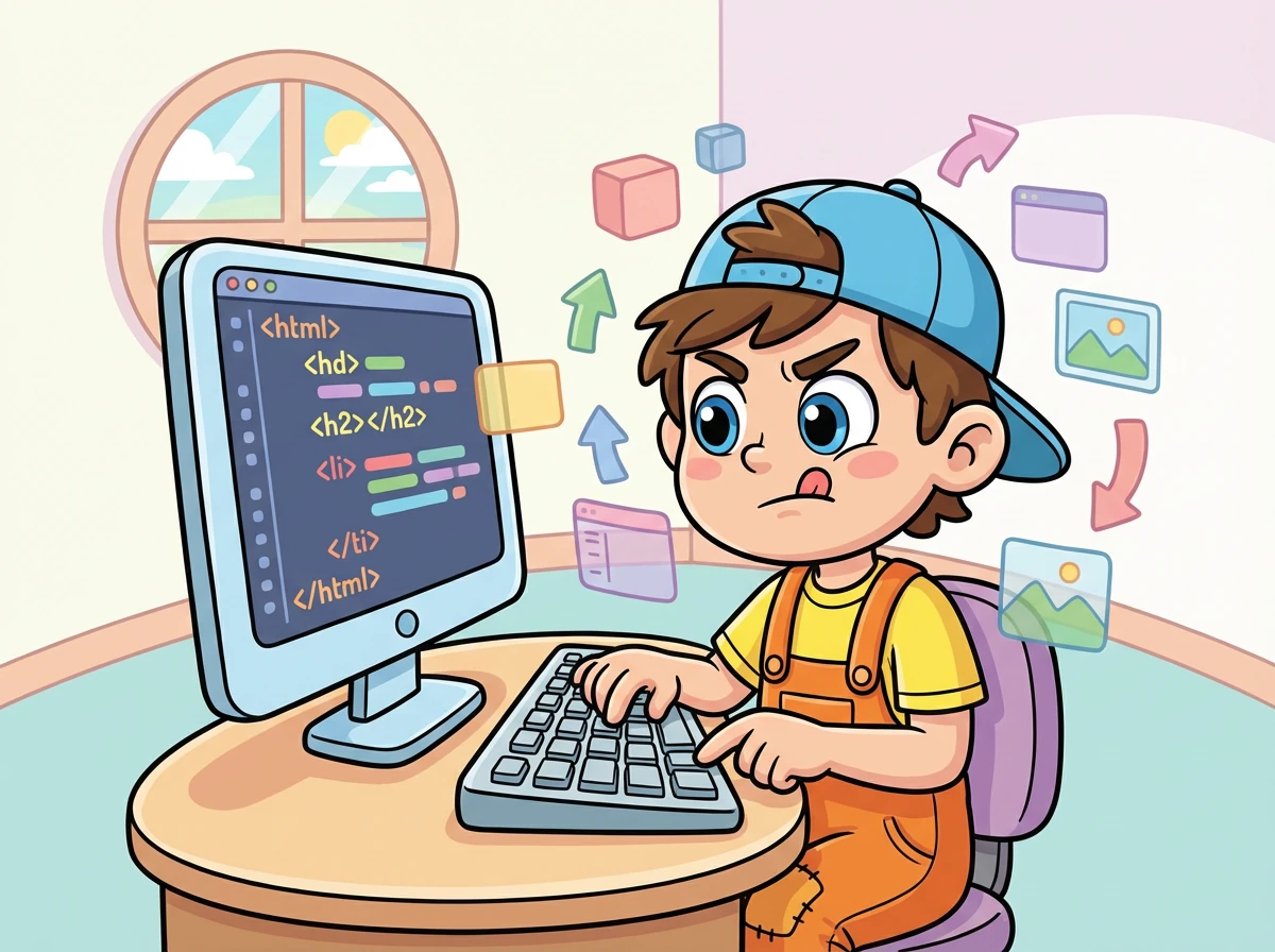 Tim beginnt mit dem HTML-Code und erstellt die Grundstruktur seiner Webseite. Er fügt Überschriften, Absätze und Bilder ein. Es ist ein bisschen knifflig, aber er gibt nicht auf.