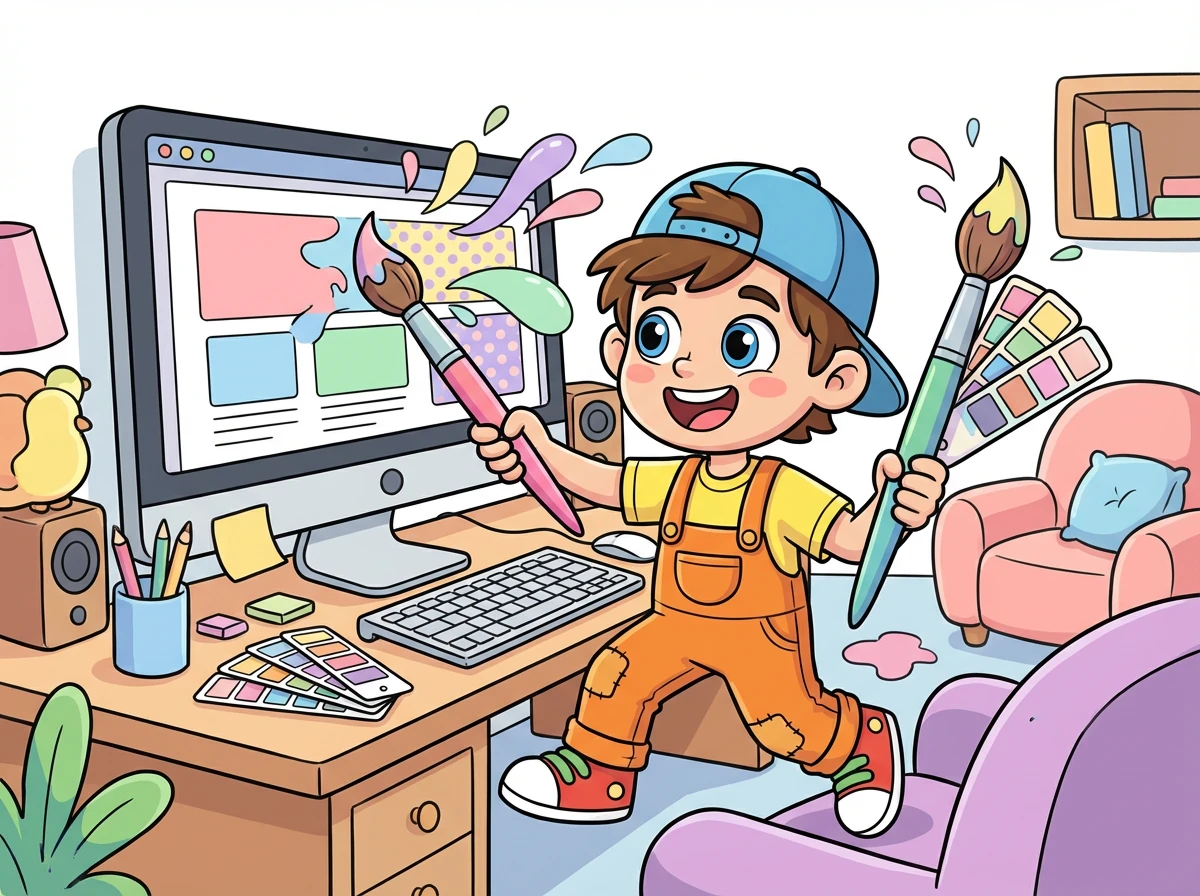 Mit CSS verleiht Tim seiner Webseite Farbe und Stil. Er wählt seine Lieblingsfarben und Schriftarten aus und ordnet die Elemente an, bis alles perfekt aussieht.