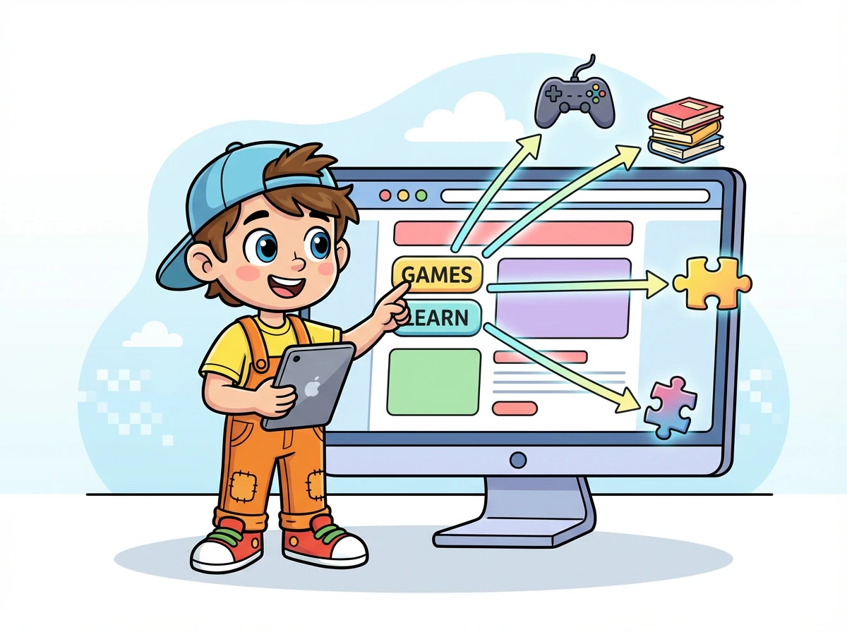 Tim lernt, wie man Links zu anderen Webseiten hinzufügt. Er verlinkt zu seinen Lieblingsspielen und Lernseiten. Seine Webseite wird immer interaktiver.