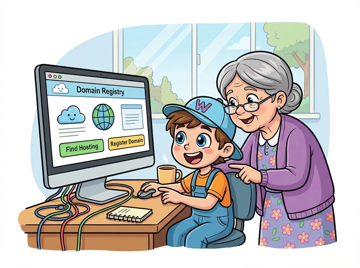 Oma hilft Tim, seine Webseite online zu stellen. Sie erklärt ihm, wie man einen Hosting-Anbieter findet und eine Domain registriert. Tim ist aufgeregt, seine Webseite endlich der Welt zu zeigen.