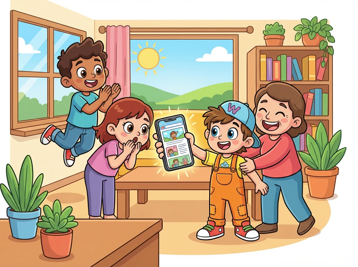 Tim veröffentlicht seine Webseite und teilt sie mit seinen Freunden und seiner Familie. Alle sind begeistert von seinen Geschichten und Bildern.