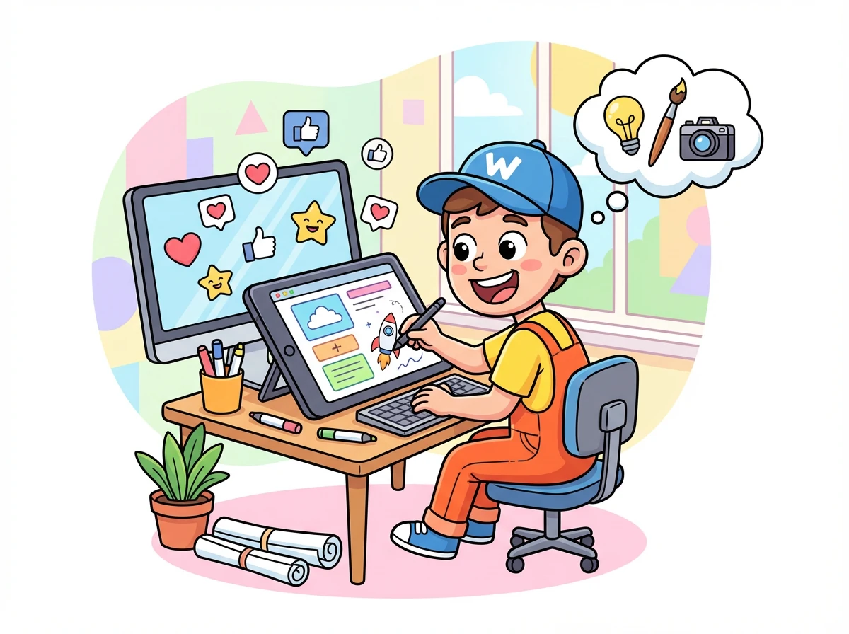 Tim erhält positives Feedback und lernt, wie er seine Webseite verbessern kann. Er fügt neue Inhalte hinzu und experimentiert mit neuen Designideen.