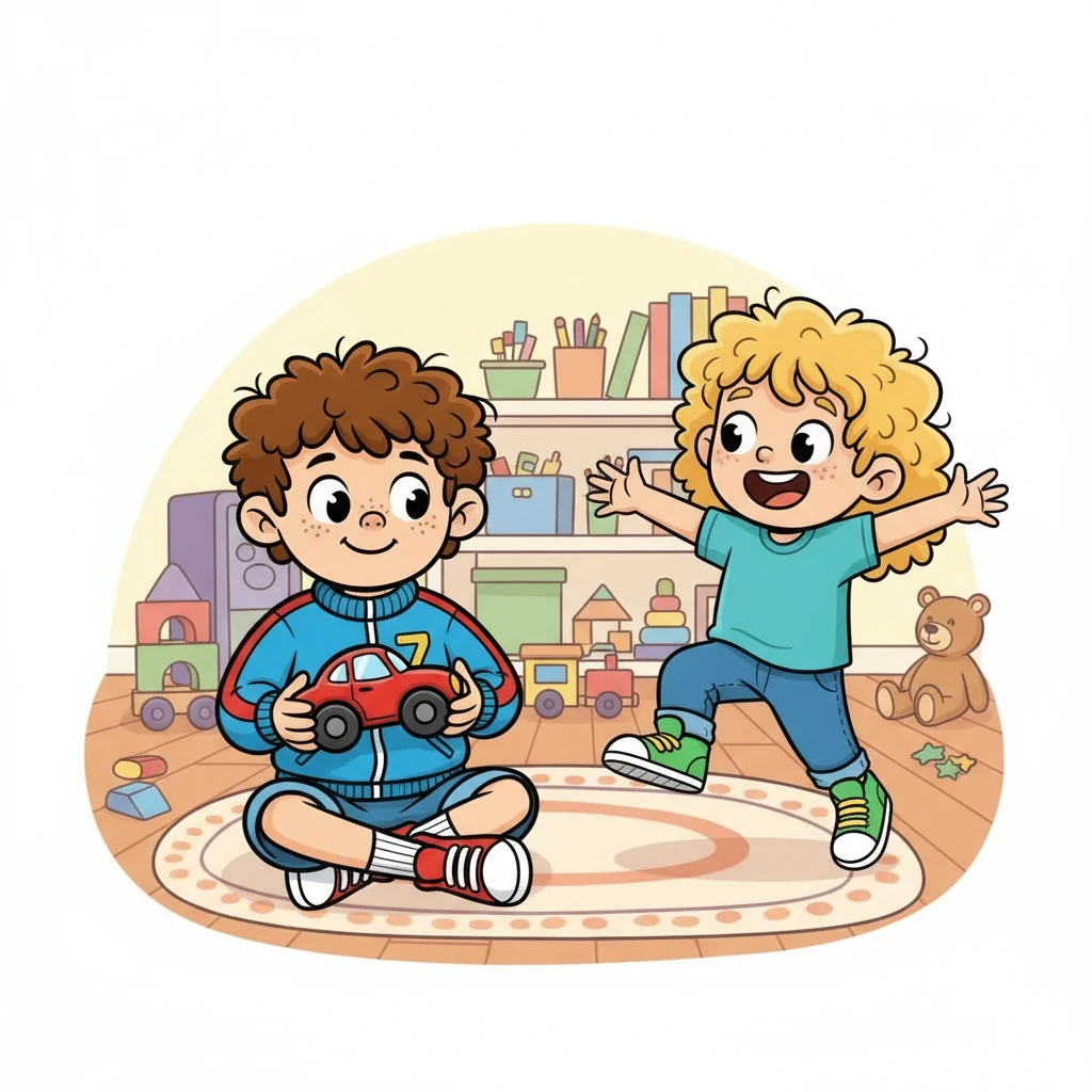 Leo, a five-year-old with short black hair and bright brown eyes, sat on the playroom floor. He clutched a shiny red racecar. He loved its sleek design and how fast it could go. Suddenly, a little boy with long, curly hair bounced in, wearing bright sneakers.