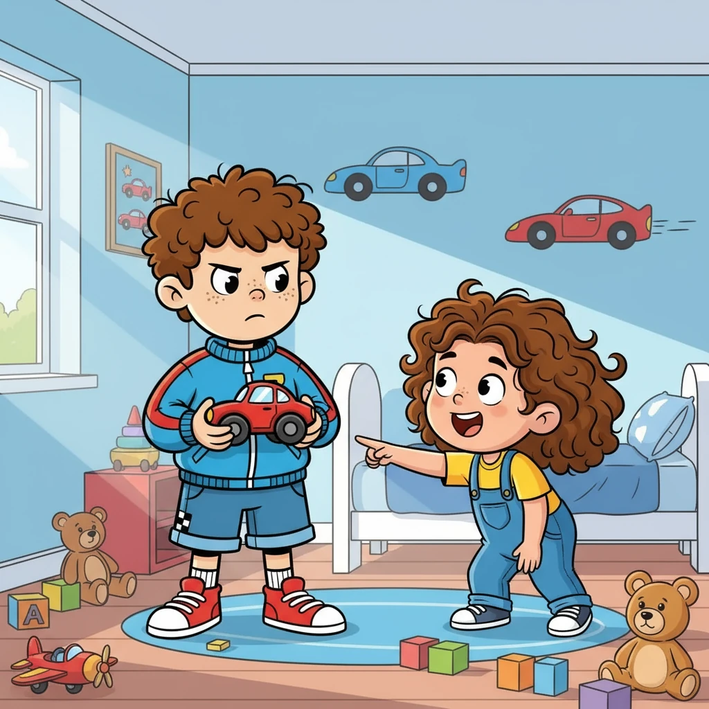 The new boy, Mateo, who was three, pointed to the racecar with wide eyes. "Car!" he exclaimed, his long, curly hair bouncing. Leo looked at his racecar, then at Mateo, a small frown creasing his forehead. Would he share his favorite toy?