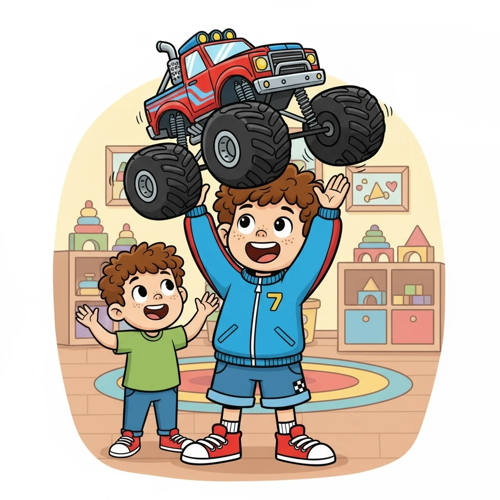 Then, Mateo brought out a huge toy mega truck, its tires bigger than Leo's hands. He proudly showed off its size and the loud sounds it made. Leo was amazed by the truck's impressive size and details.