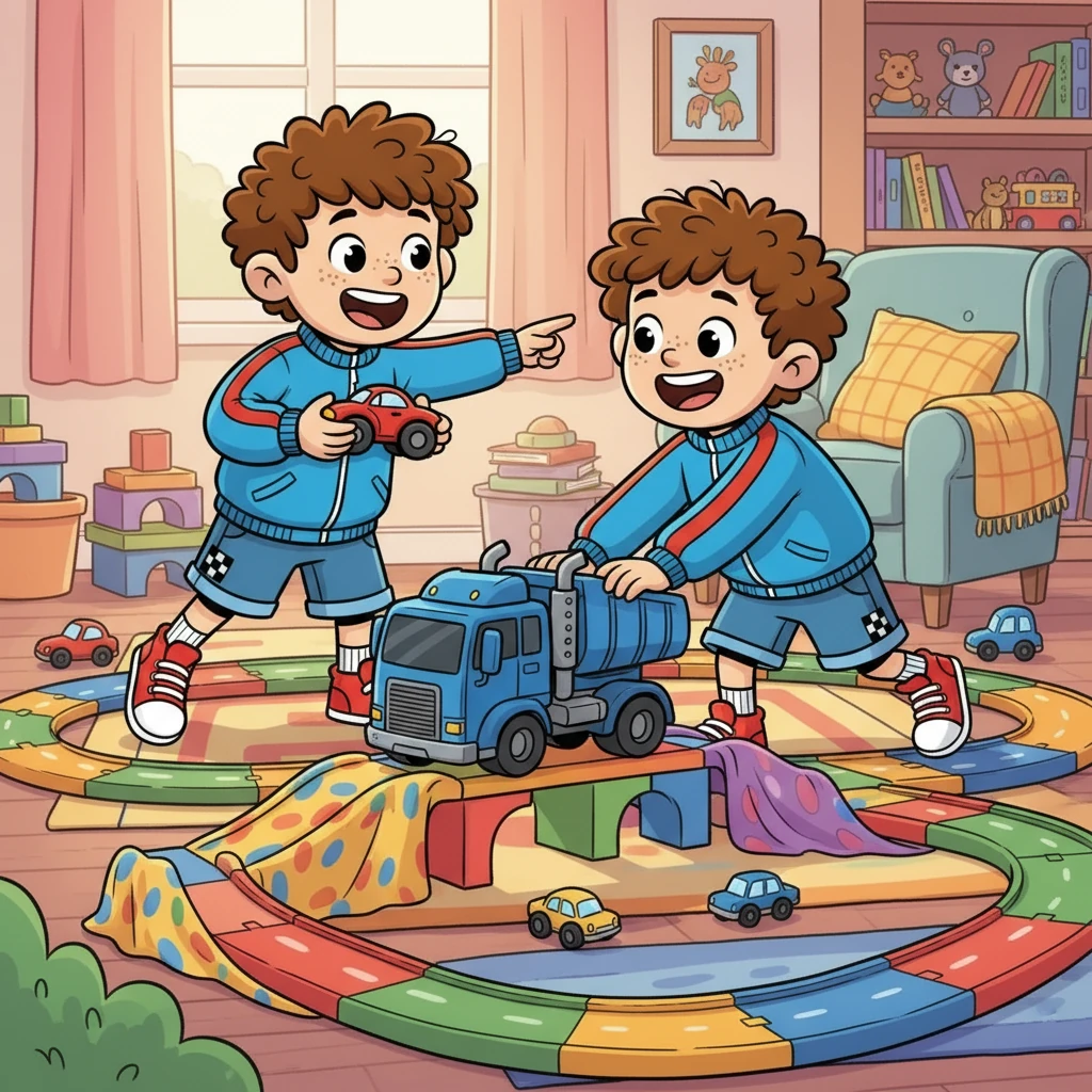 Leo and Mateo decided to create a race track together, combining the racecar and mega truck. They used blocks and blankets to build a course. They took turns and cheered each other on. Their laughter filled the room.