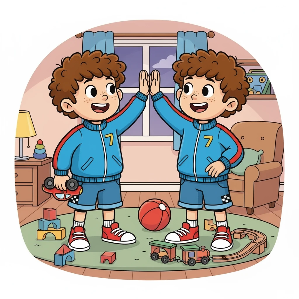 At the end of their playtime, Leo and Mateo, tired but happy, looked at each other and smiled. They learned that sharing made playing even more fun. They knew they would be best friends. They both gave each other high-fives.