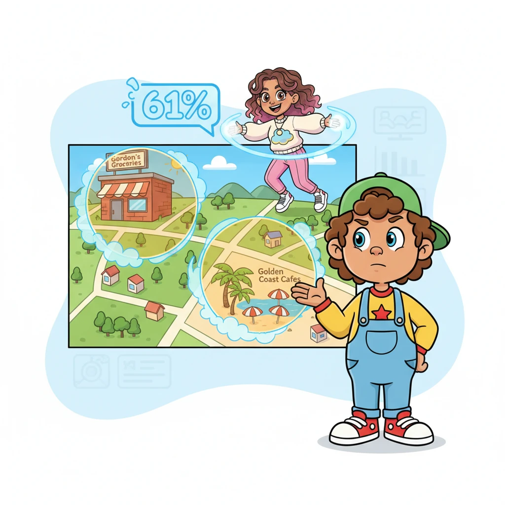 Nick, with a slightly puzzled but determined look, asked AIRA if the whole map was under a cloud. AIRA zipped playfully around the screen, highlighting specific bright spots like 'Gordon's Groceries' and 'Golden Coast Cafes,' explaining that these were the main areas where the sales dip was happening, like a small, specific rain shower in a sunny land. Most of the sales dip, 61% to be exact, was concentrated right there!