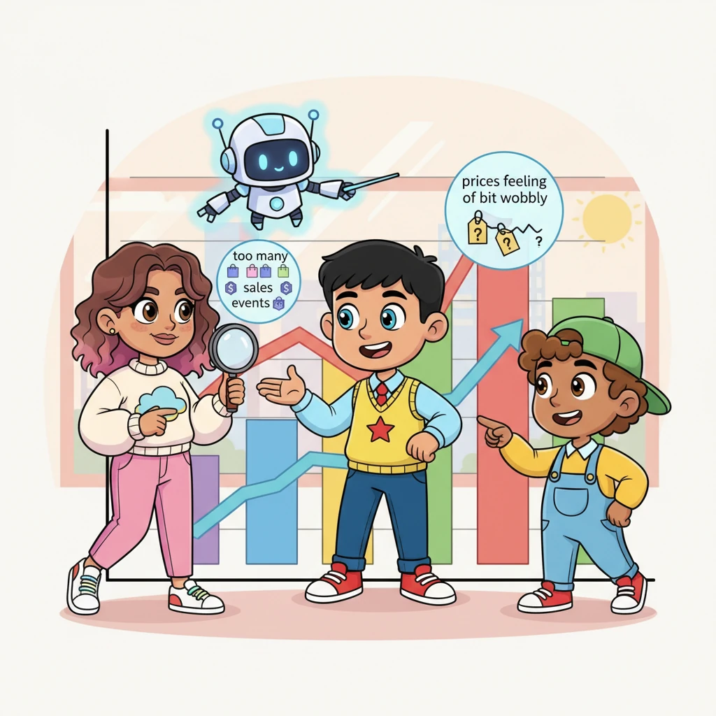 Soon, Leo, a brilliant detective of numbers, gathered his team: Matt, the 'Key Account Captain,' and Lily, the 'Division Growth Guru.' Together, they peered at a giant, colorful 'Mystery Chart' that AIRA helped them understand. AIRA pointed to little 'problem bubbles' on the chart, like 'too many sales events' and 'prices feeling a bit wobbly,' showing them where the puzzle pieces didn't quite fit.