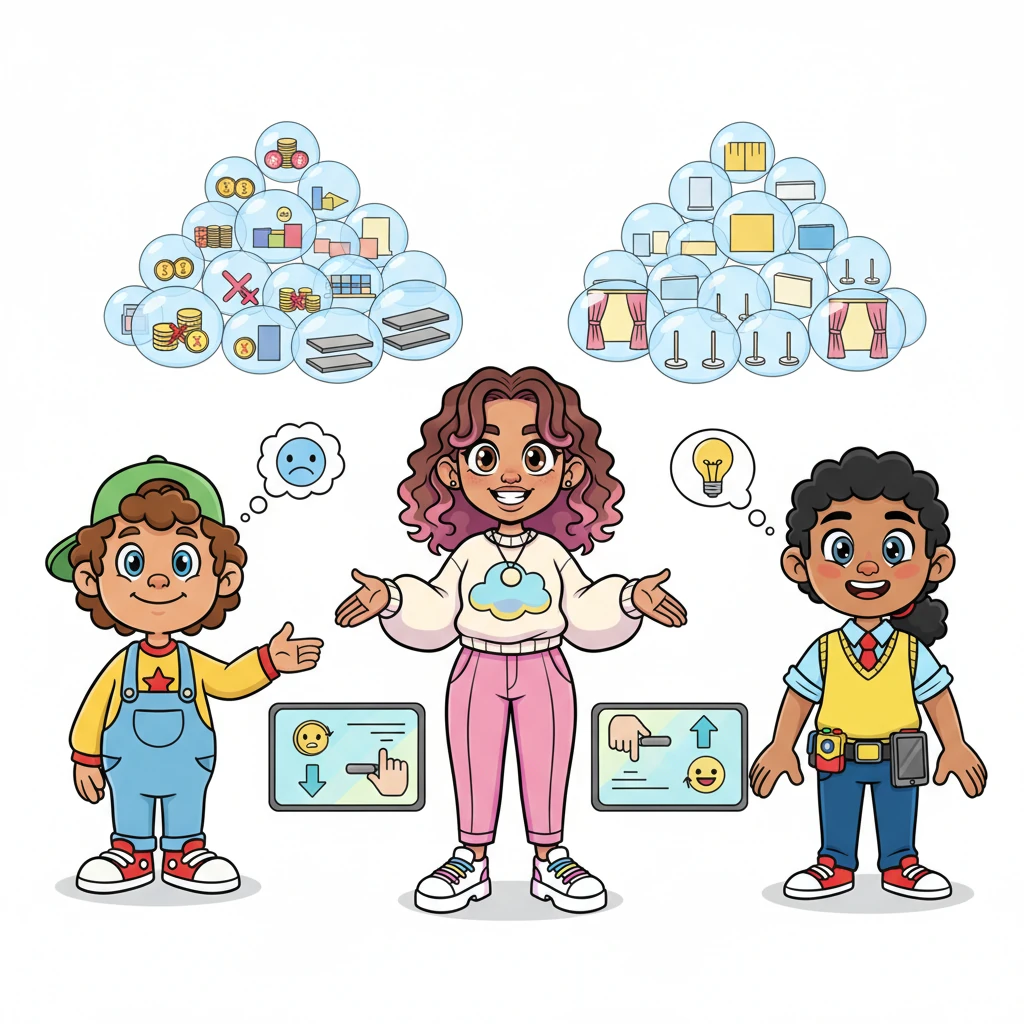 AIRA, acting like a helpful teacher, then organized all the 'problem bubbles' into two neat piles: 'Oopsie Actions,' like giving too many discounts, and 'Missed Opportunities,' like not having enough eye-catching displays. She showed them playful charts with little animated levers, making it easy to see how each action affected their sales journey.