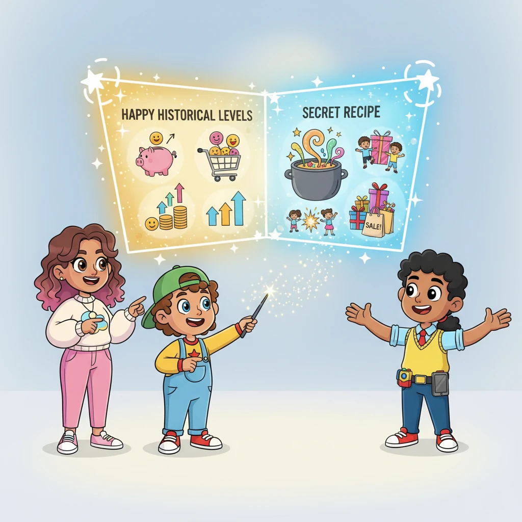 Lily, the 'Growth Guru,' then had a brilliant idea and asked AIRA to imagine 'What If?' scenarios. With a magical sparkle, AIRA conjured two possible futures on the screen: one where prices returned to their happy historical levels, and another where they tried a 'secret recipe' from a very successful neighboring market. The screen glowed with happy predictions: more sales, bigger smiles, and even happier customers!