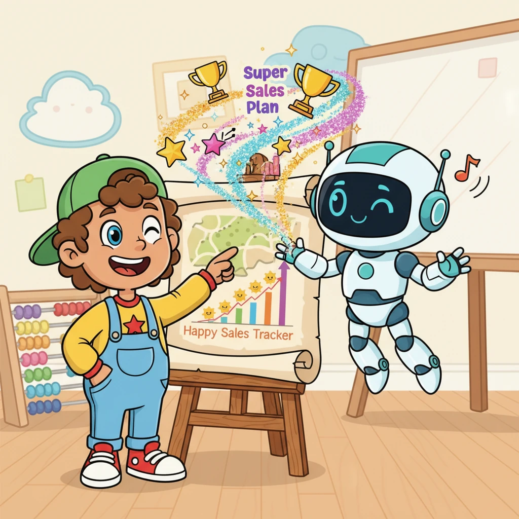 With a flourish and a happy chime, AIRA magically combined all their brilliant ideas into a fantastic 'Super Sales Plan'! Nick, beaming with pride, asked AIRA to keep a daily 'Happy Sales Tracker' updated on his map. AIRA winked a digital eye, confirming with a cheerful beep that everything was perfectly set up!