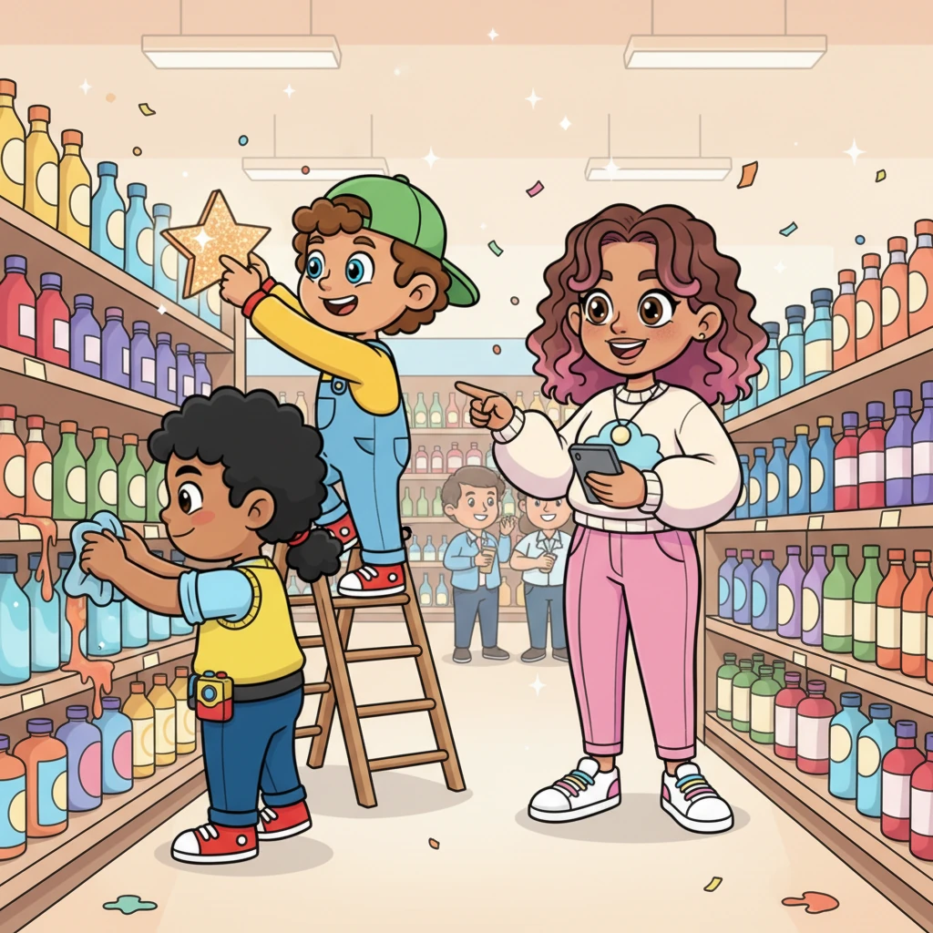 The team, buzzing with excitement and energy, immediately began putting the 'Super Sales Plan' into action! Matt worked with store managers to set up colorful, sparkly displays, while Jordan ensured the new, fair prices were just right on every bottle. Everyone helped, making sure every 'Oopsie Action' was fixed and every 'Missed Opportunity' was transformed into a new success.